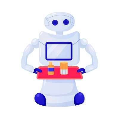 Flat artificial intelligence machine icon with robot waiter holding tray vector illustration