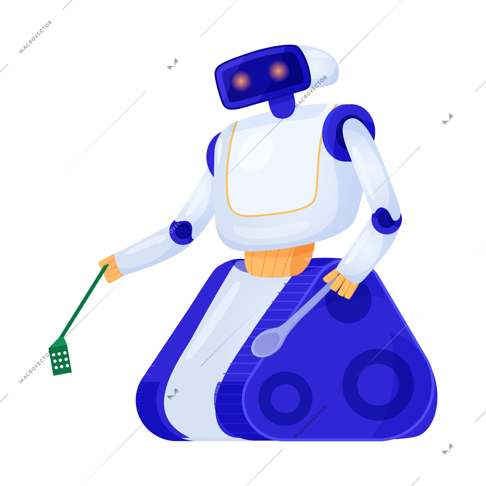 Flat robot household helper with kitchenware vector illustration