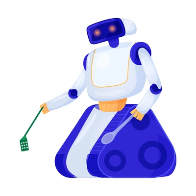 Flat robot household helper with kitchenware vector illustration