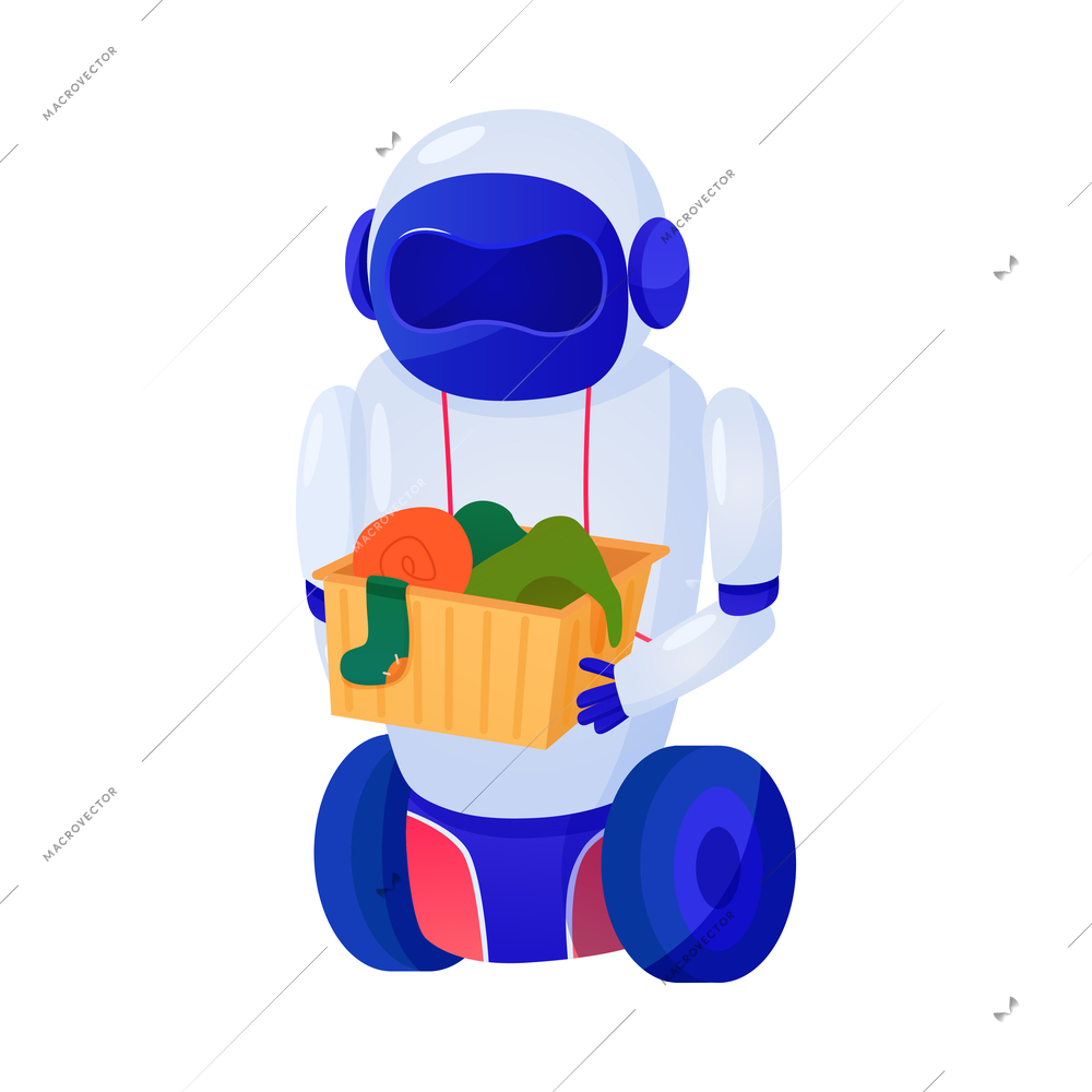 Flat robot household helper carrying basket with dirty clothes vector illustration