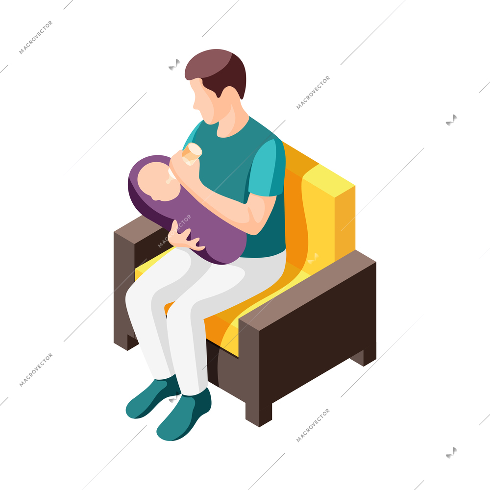 Father on maternity leave isometric icon with dad feeding baby from bottle 3d vector illustration