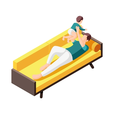 Father on maternity leave isometric icon with dad playing with baby on sofa vector illustration