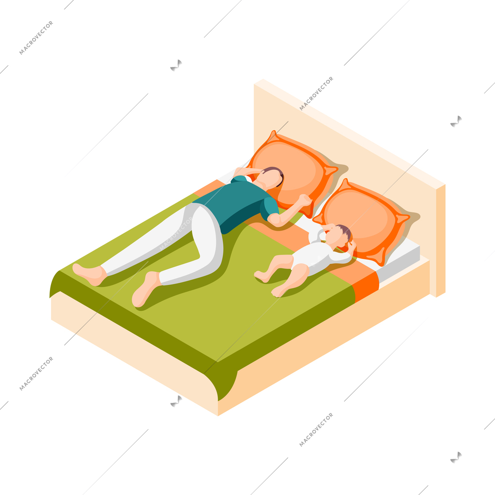 Father on maternity leave isometric icon with tired dad sleeping with baby on bed 3d vector illustration