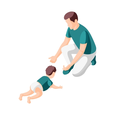 Father on maternity leave isometric icon with dad spending time with baby vector illustration