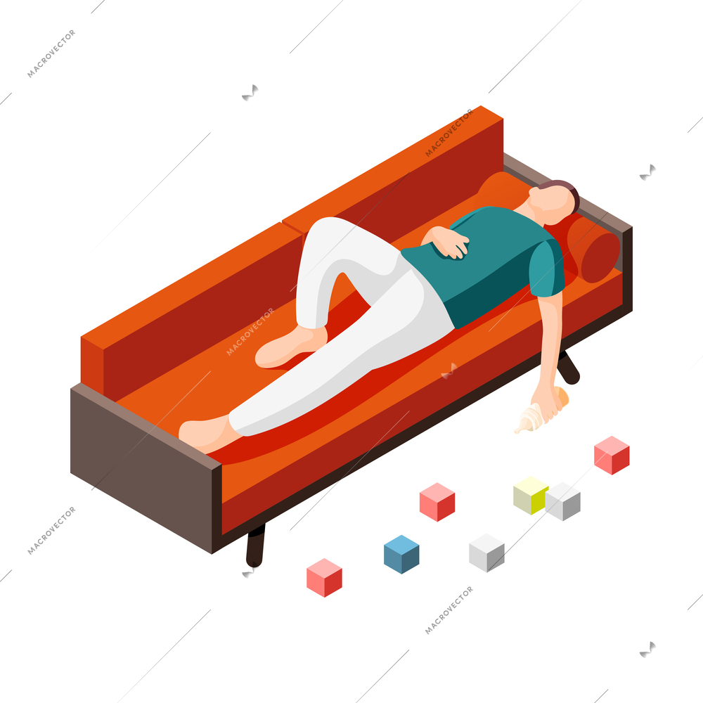 Father on maternity leave isometric icon with exhausted dad sleeping on sofa with baby bottle vector illustration