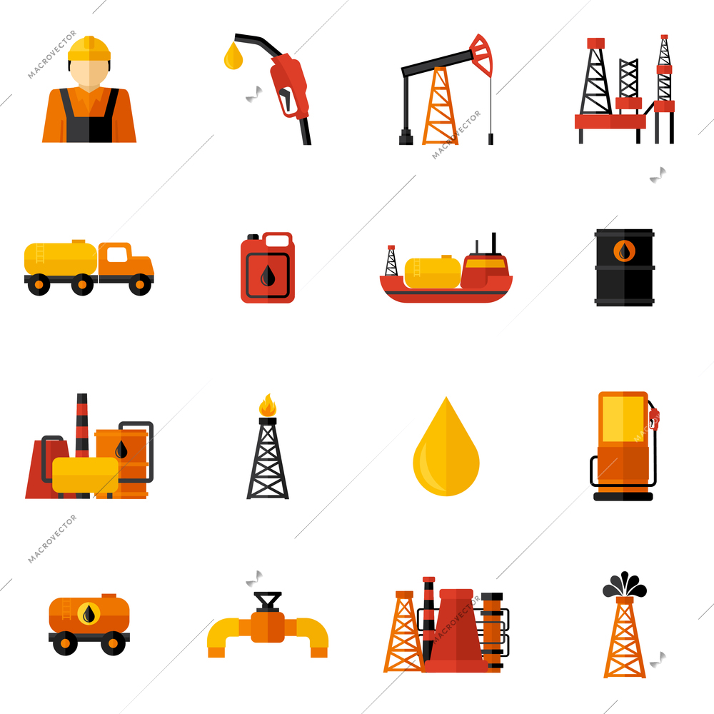 Oil industry gasoline processing drilling icons flat set isolated vector illustration