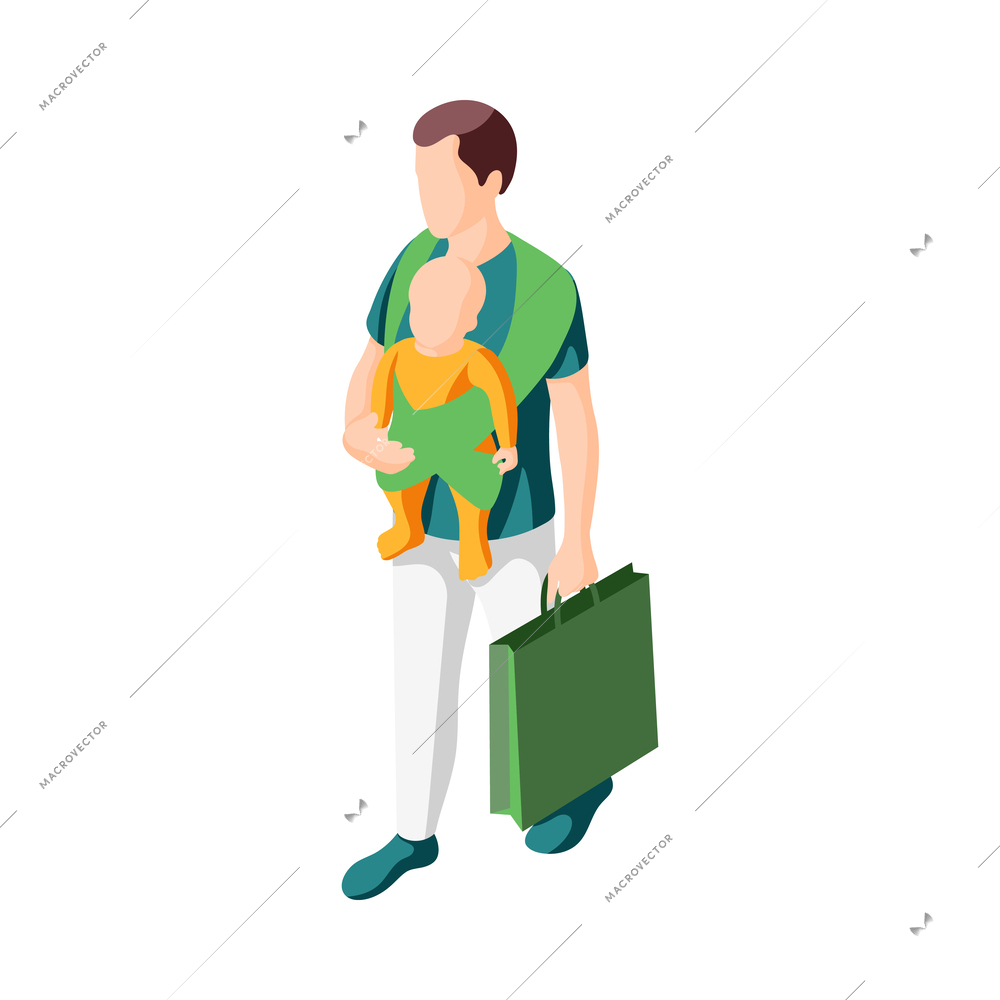 Father on maternity leave isometric icon with dad going shopping with baby in carrier vector illustration