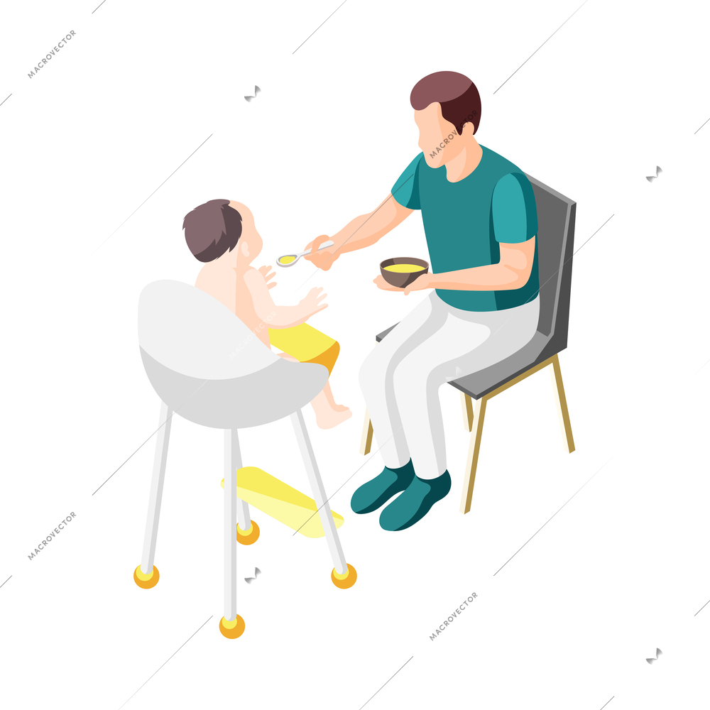 Father on maternity leave isometric icon with dad feeding baby vector illustration