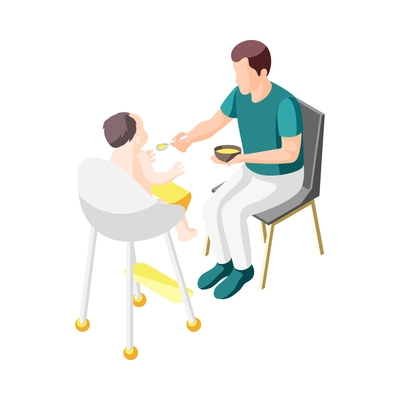 Father on maternity leave isometric icon with dad feeding baby vector illustration