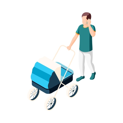 Father on maternity leave isometric icon with dad walking with baby in carriage vector illustration