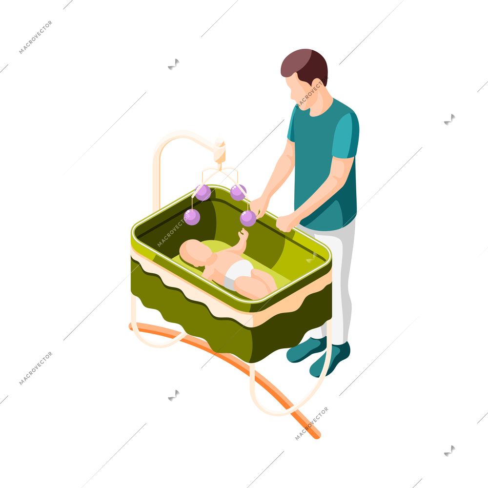 Father on maternity leave isometric icon with dad putting baby to sleep 3d vector illustration