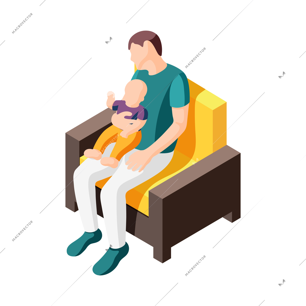 Father on maternity leave isometric icon with tired asleep dad in armchair with baby on knees vector illustration