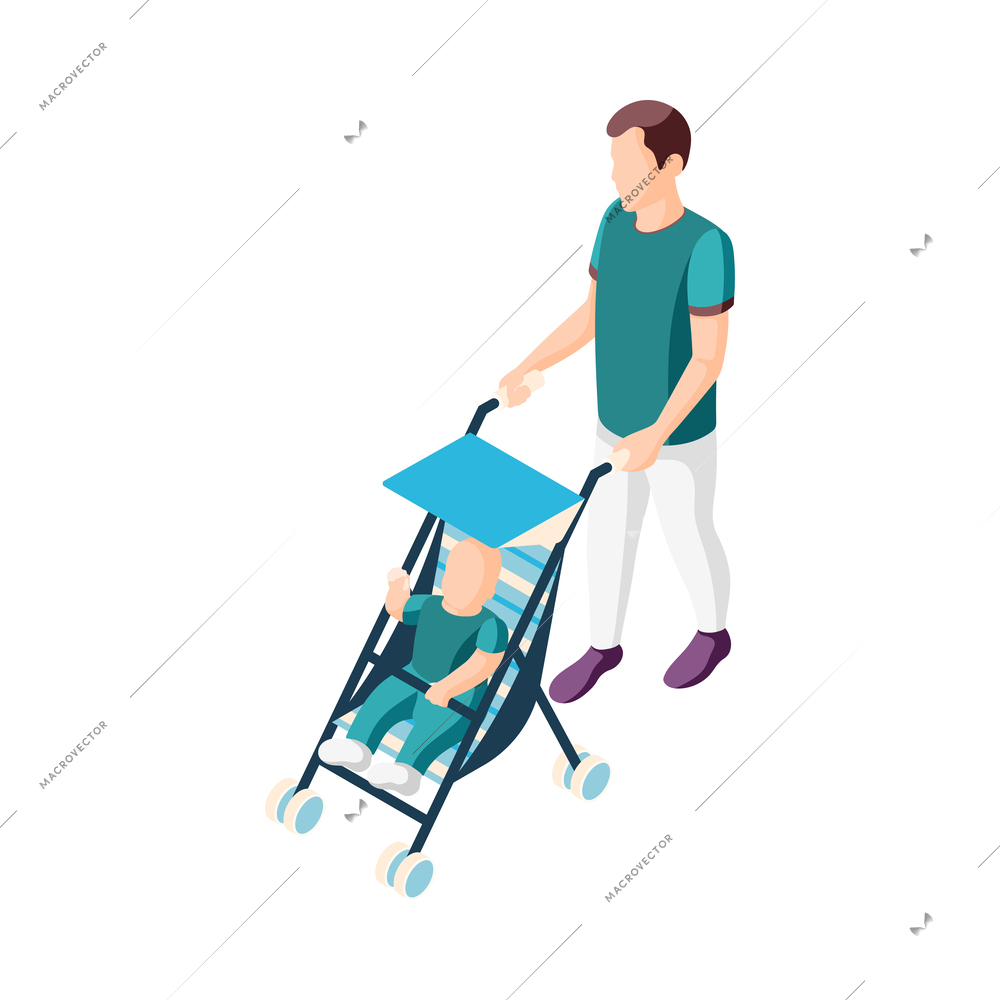 Father on maternity leave isometric icon with man walking with baby vector illustration