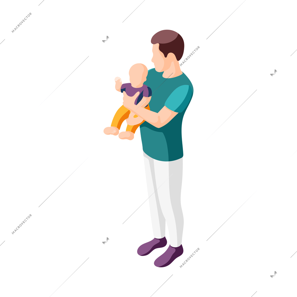 Father on maternity leave isometric icon with dad holding baby in arms vector illustration