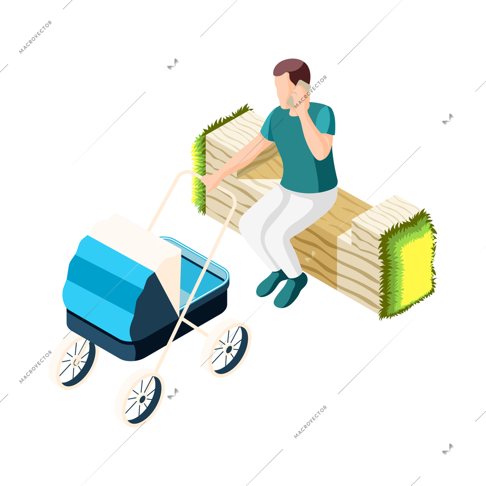 Father on maternity leave isometric icon with dad walking with baby in park 3d vector illustration