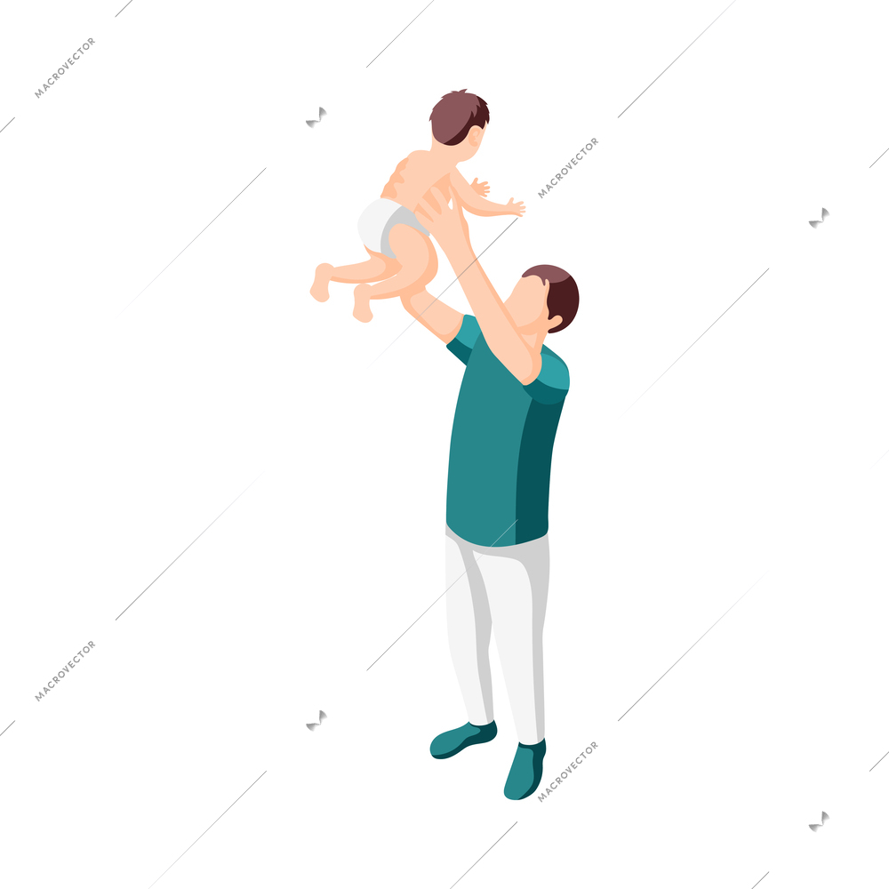 Father on maternity leave isometric icon with happy dad spending time with baby vector illustration