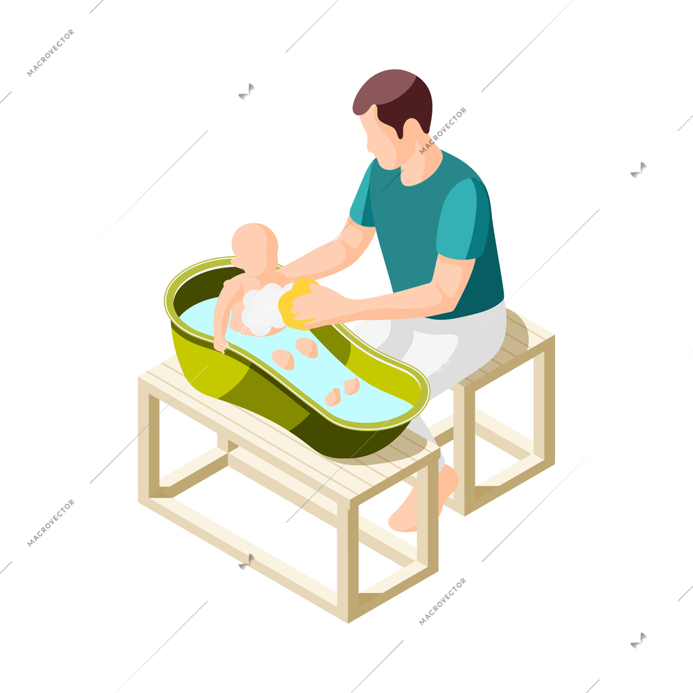 Father on maternity leave isometric icon with dad bathing baby 3d vector illustration