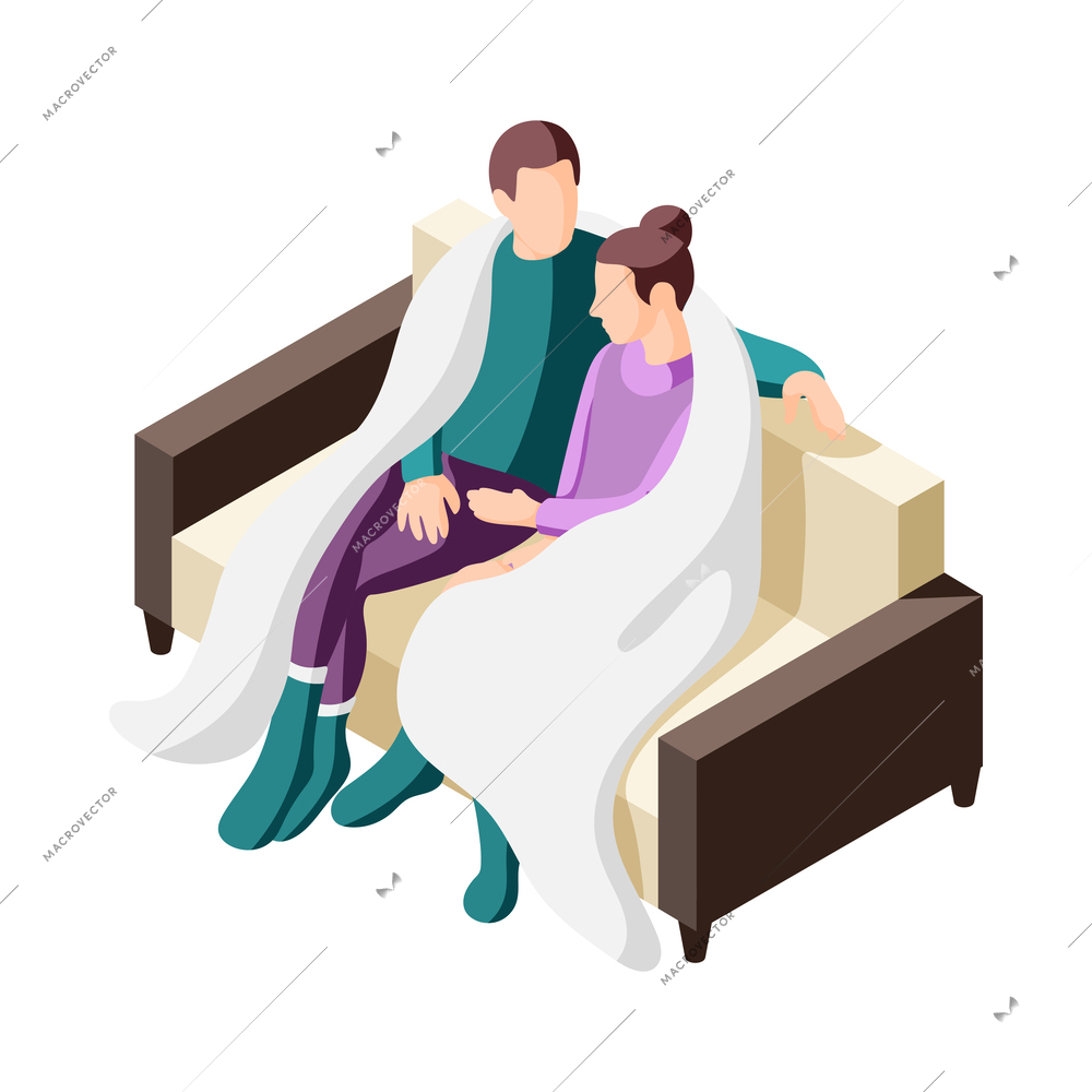 Cozy winter isometric icon with couple covered with plaid sitting on sofa 3d vector illustration