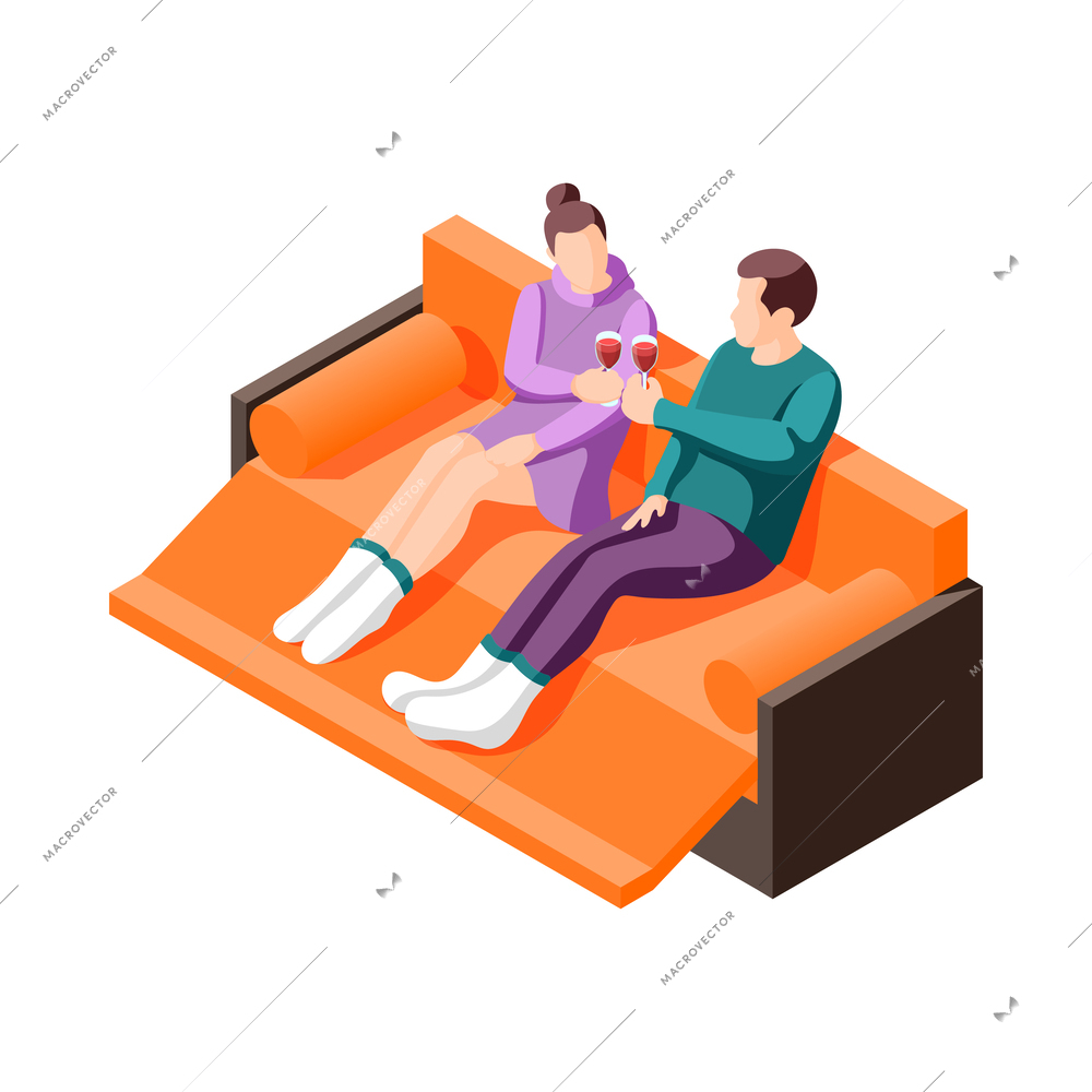 Cozy winter evening isometric icon with couple drinking wine on sofa 3d vector illustration