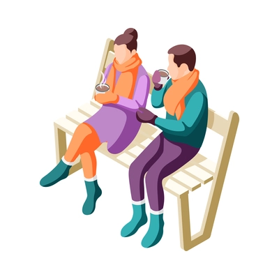 Cozy winter isometric icon with man and woman drinking hot cocoa in park 3d vector illustration