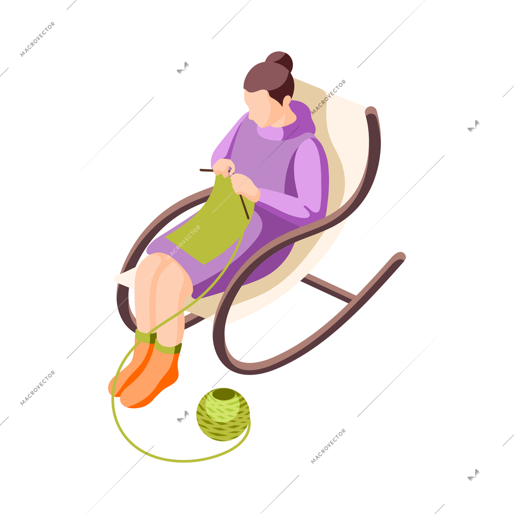 Cozy winter isometric icon with woman knitting on rocking chair vector illustration