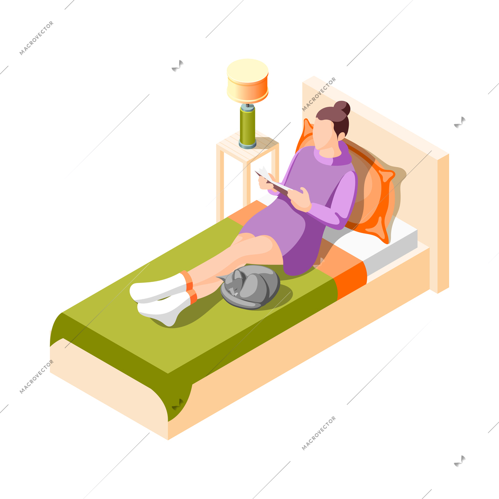 Cozy winter isometric icon with woman wearing socks reading book on bed 3d vector illustration