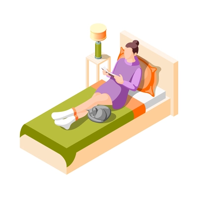 Cozy winter isometric icon with woman wearing socks reading book on bed 3d vector illustration