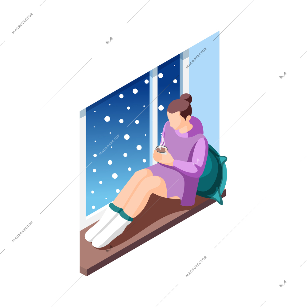 Cozy winter isometric icon with woman drinking hot cocoa on window sill vector illustration