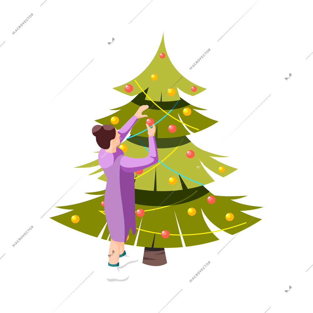 Cozy winter isometric icon with woman decorating christmas tree with colorful baubles vector illustration