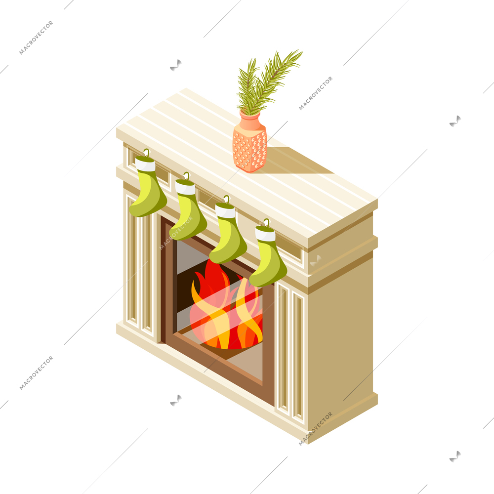 Cozy winter holiday isometric icon with stockings on fireplace vector illustration