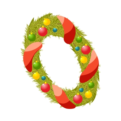 Christmas wreath with colorful balls and red ribbon isometric vector illustration