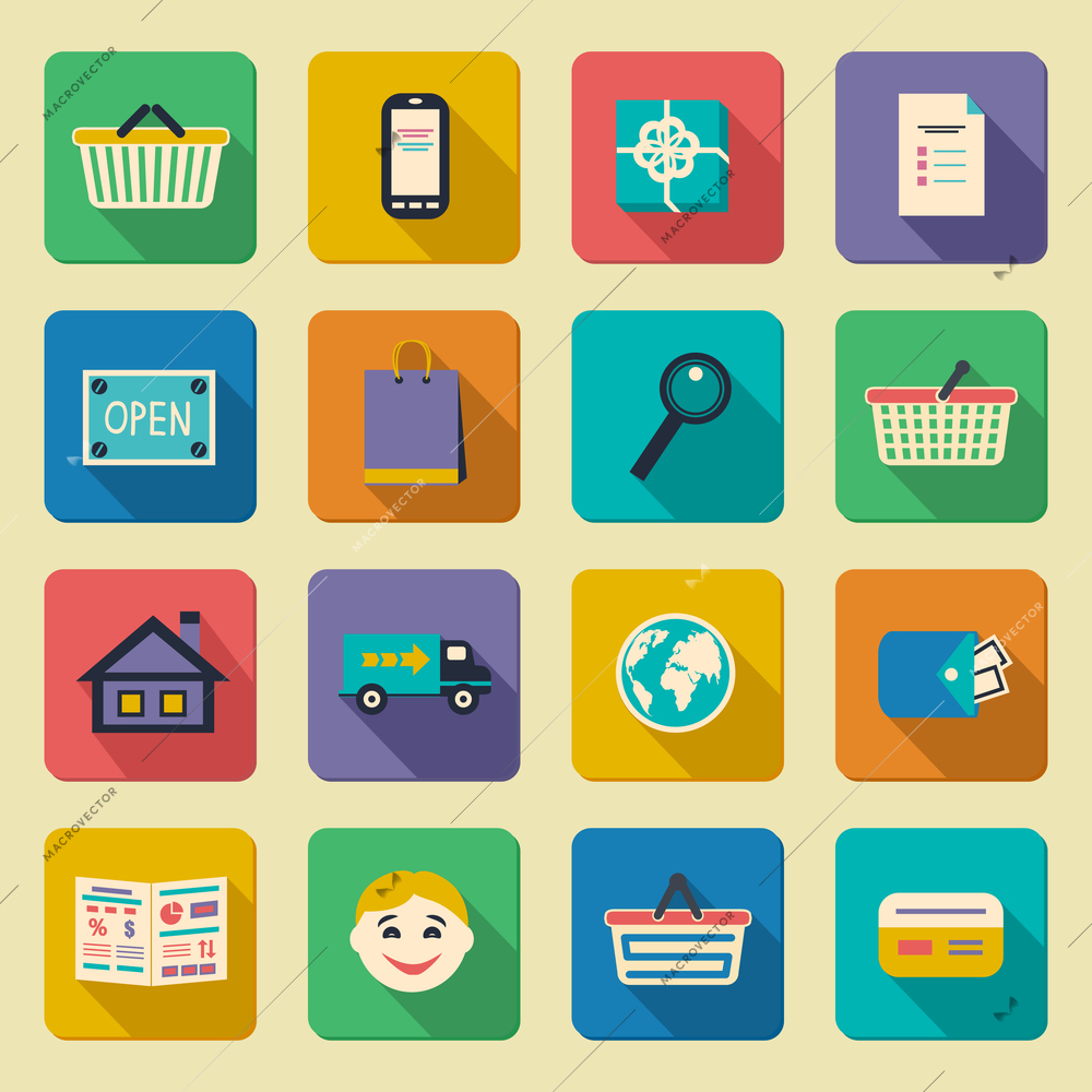 Online shopping icons set for guide catalog search and package delivery vector illustration