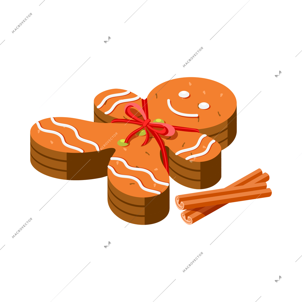 Cute gingerbread man with cinnamon sticks isometric icon 3d vector illustration