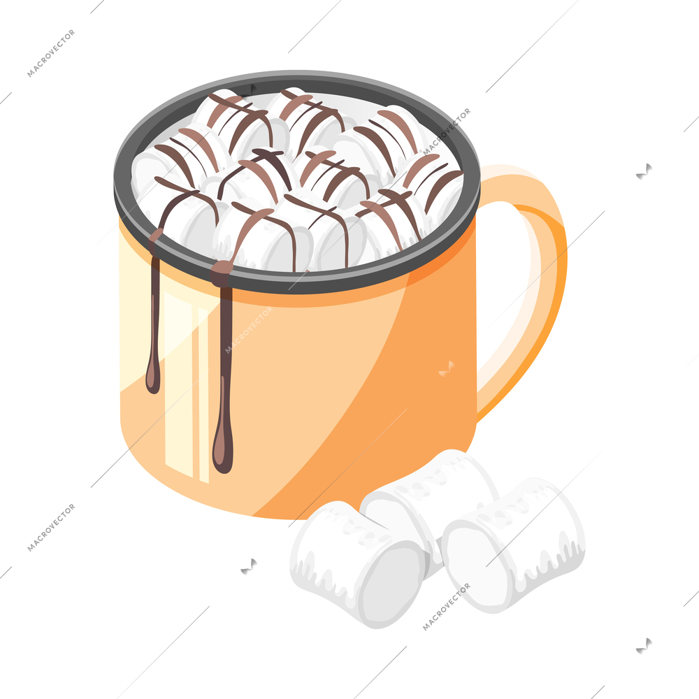 Isometric cup of hot cocoa or chocolate with marshmallows 3d vector illustration