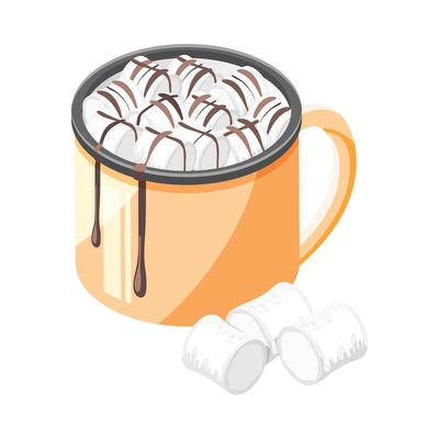 Isometric cup of hot cocoa or chocolate with marshmallows 3d vector illustration