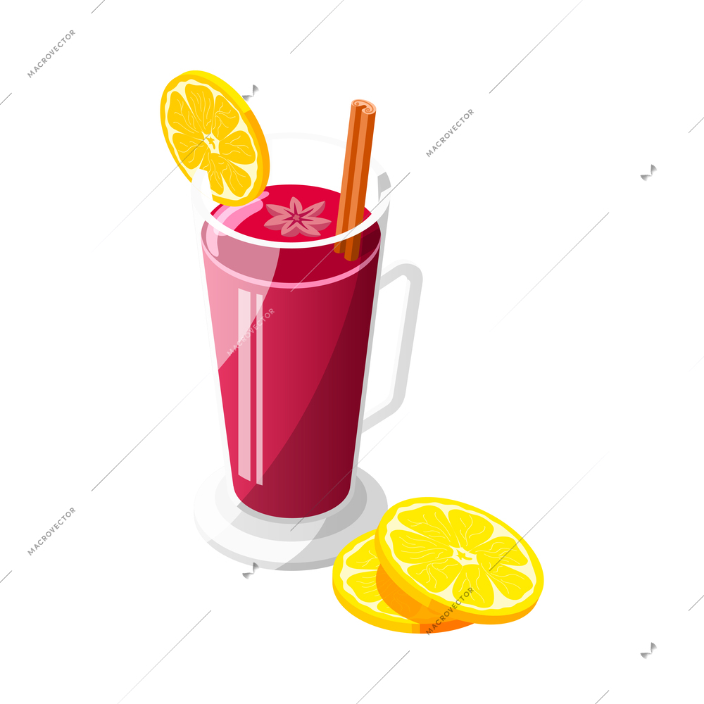 Isometric glass of hot mulled wine with cinnamon stick anise and citrus slices 3d vector illustration