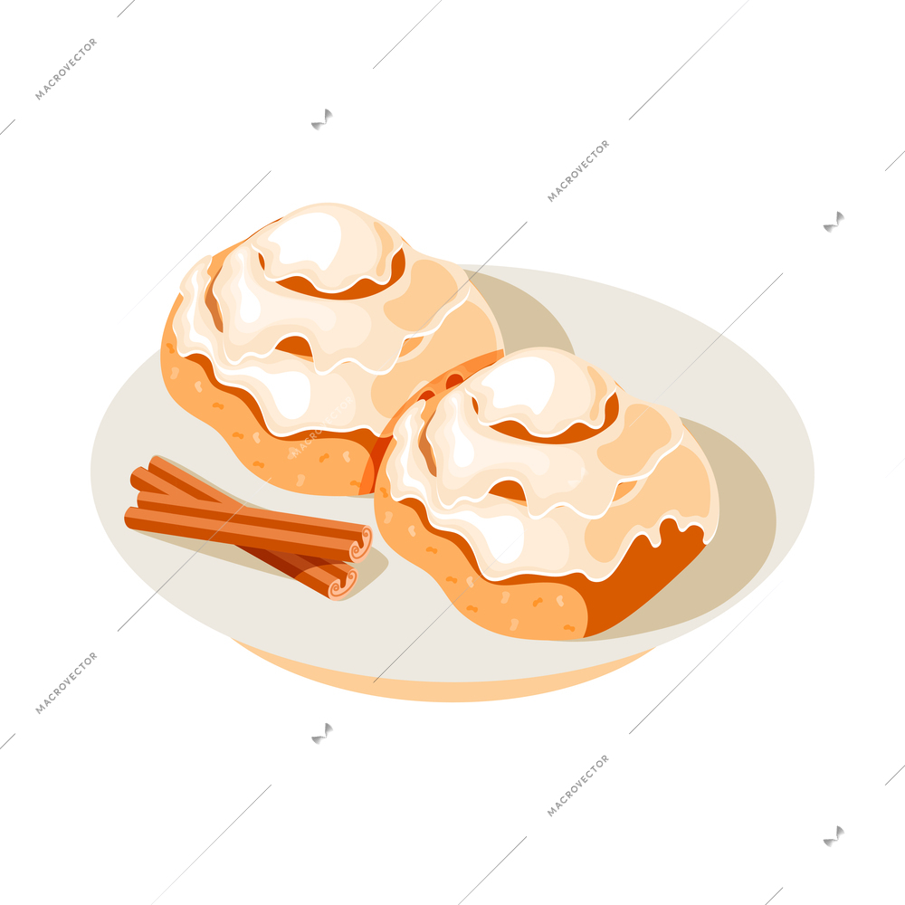 Delicious cinnamon buns with sticks on plate 3d isometric icon vector illustration