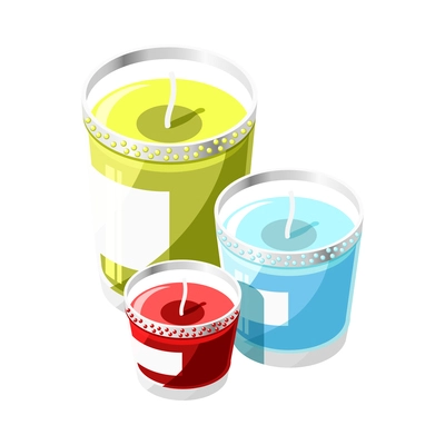 Three colorful aroma candles 3d isometric vector illustration