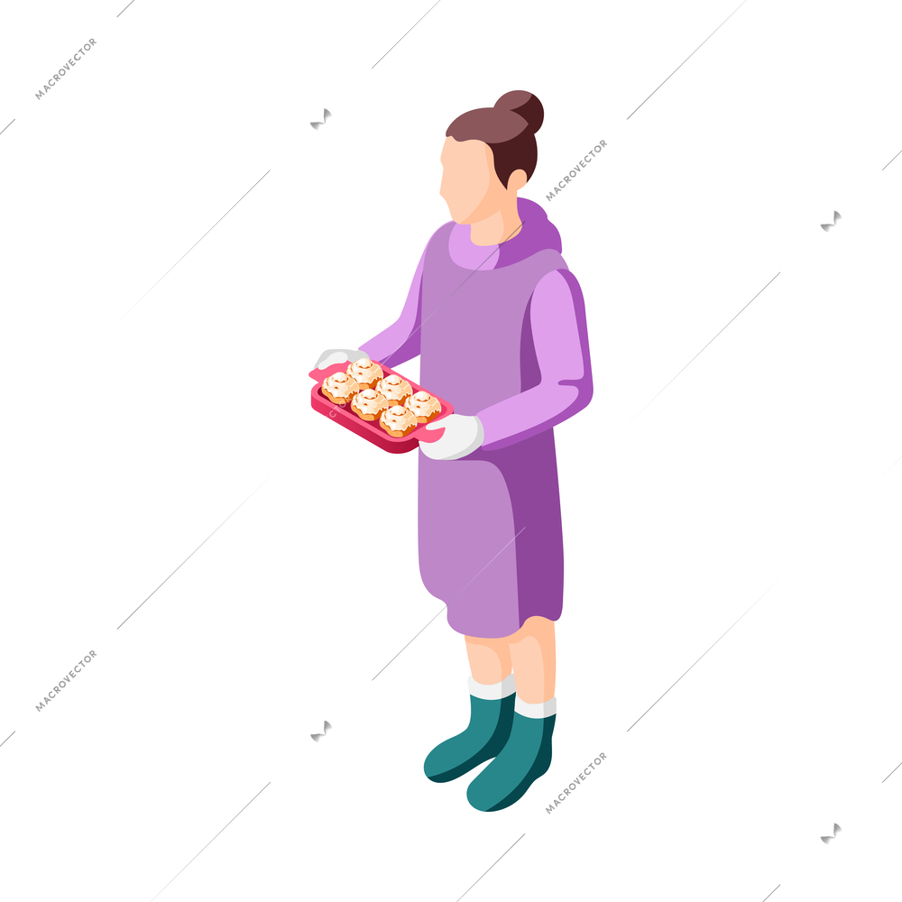 Cozy winter isometric icon with woman holding tray with cinnamon buns 3d vector illustration