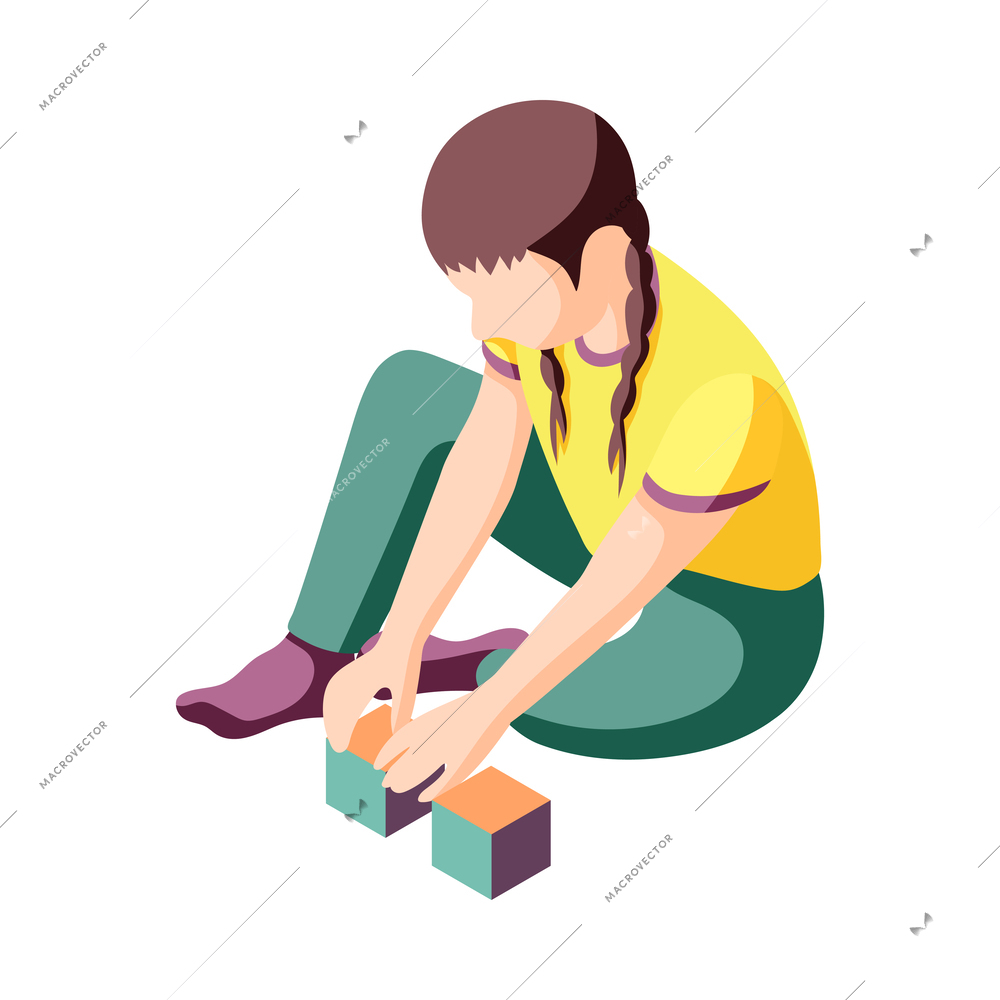 Isometric little girl playing with children blocks 3d vector illustration