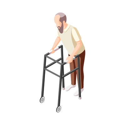 Isometric disabled man with walking frame 3d vector illustration