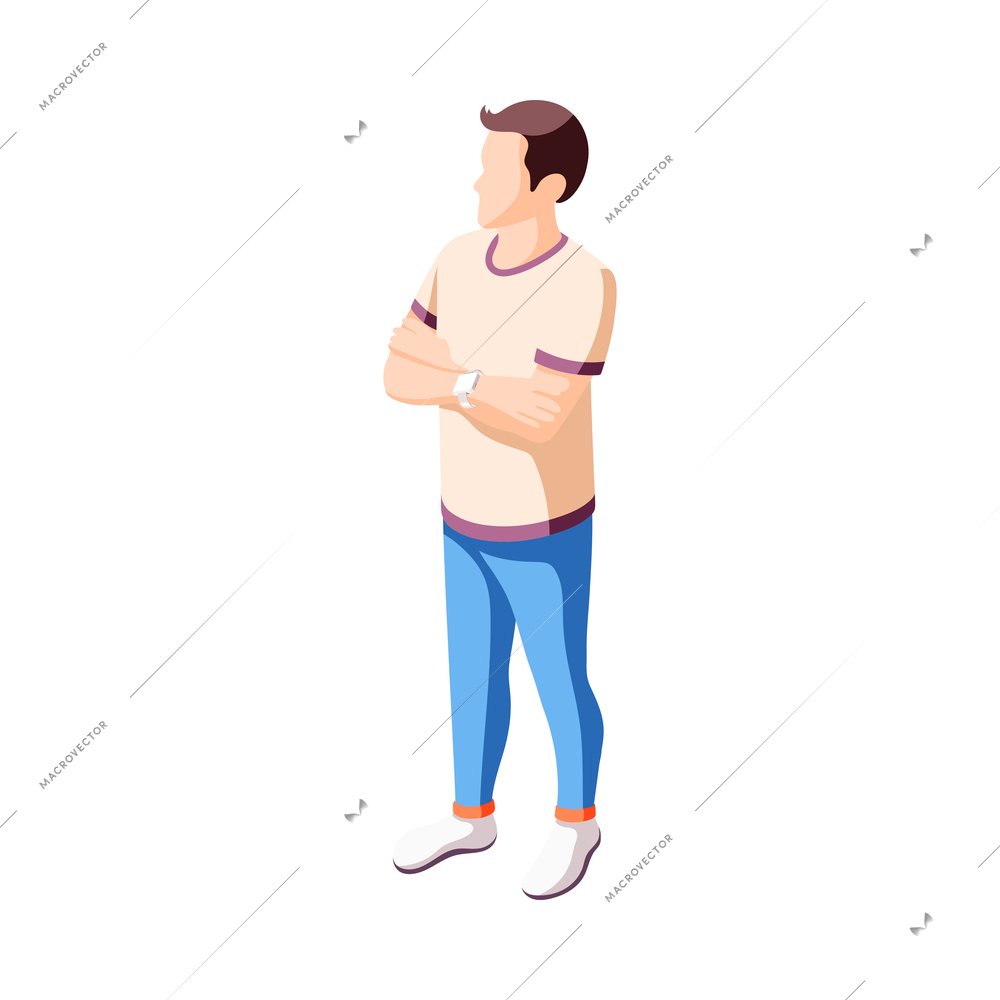 Isometric young man character wearing smartwatch 3d vector illustration