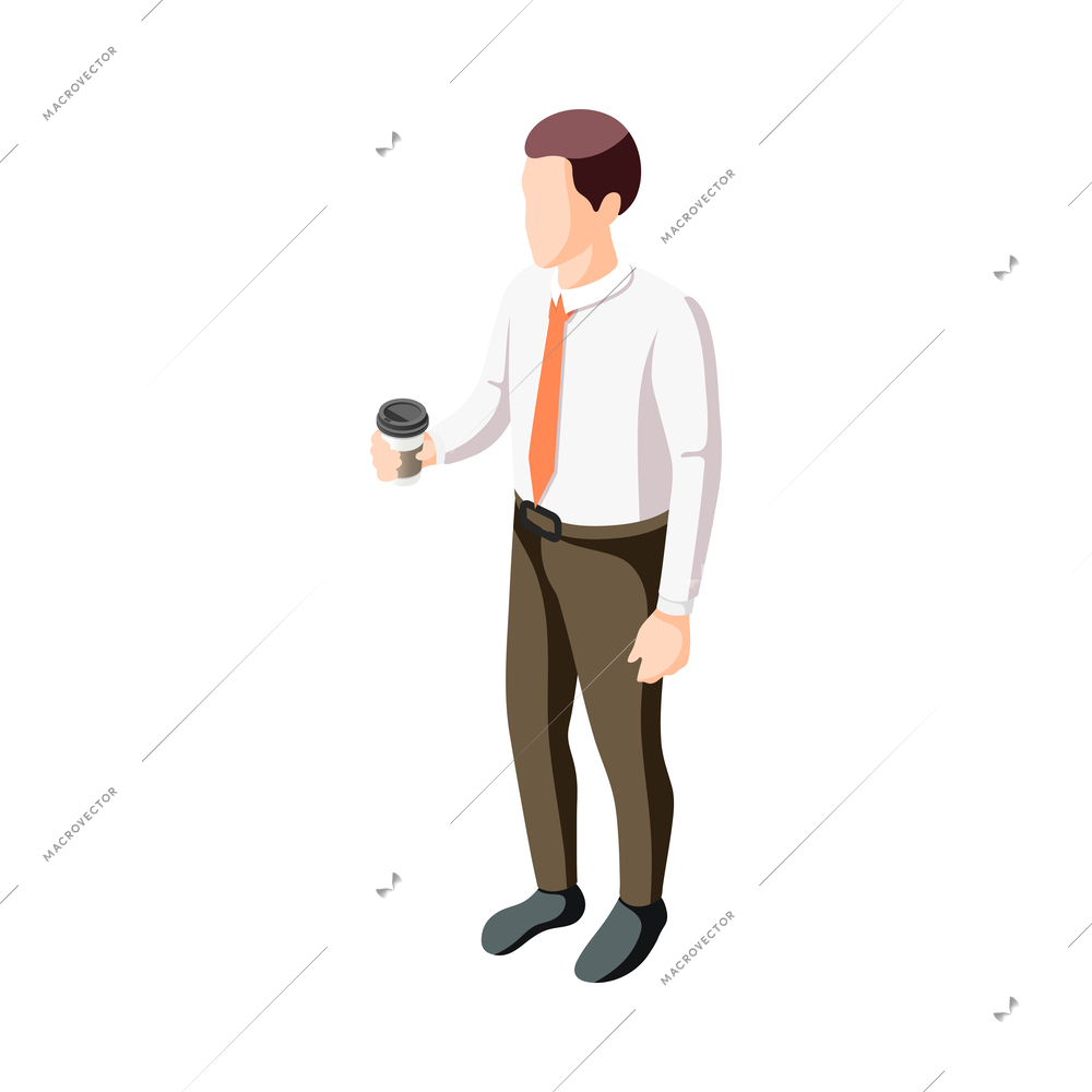 Isometric male office worker with cup of coffee 3d vector illustration