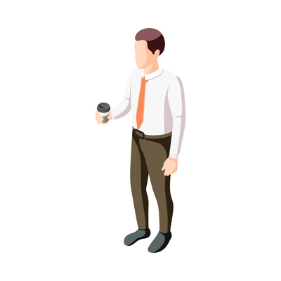 Isometric male office worker with cup of coffee 3d vector illustration