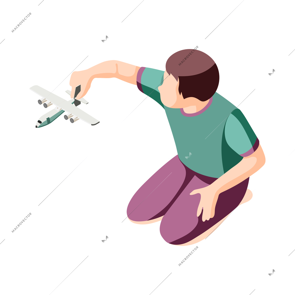 Isometric little boy playing with toy plane 3d vector illustration