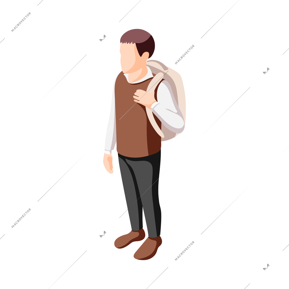 Isometric faceless character of school boy with rucksack 3d vector illustration