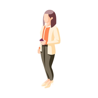 Isometric faceless character of woman holding smartphone 3d vector illustration