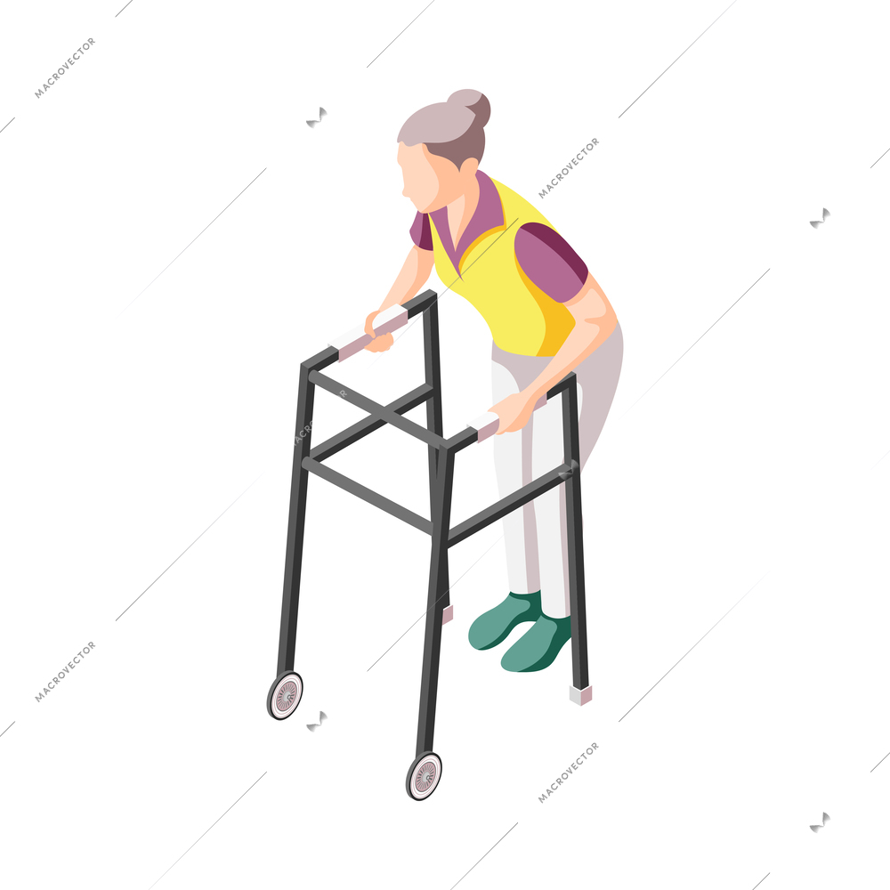 Isometric disabled senior woman using walking frames 3d vector illustration