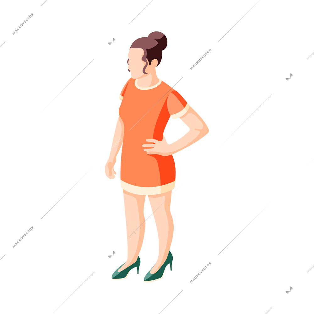 Isometric young woman wearing short orange dress vector illustration