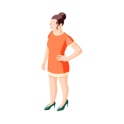 Isometric young woman wearing short orange dress vector illustration